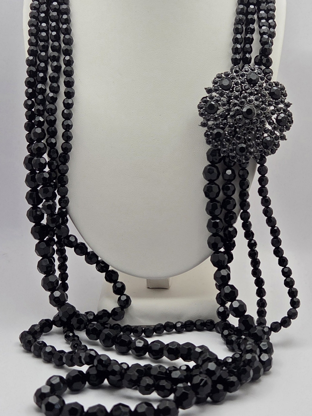 Black Faceted Bead Multi Strand Layered Statement Necklace Floral Medallion 30"